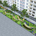 Kindergarten Outdoor Playground With Green Lawn Pathways Trees And Flowers Near Apartment Buildings