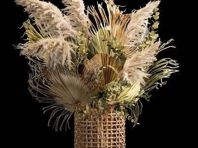 Natural Dried Pampas Grass And Eucalyptus In Woven Basket Vase Decor 3d model