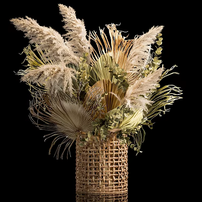 Natural Dried Pampas Grass And Eucalyptus In Woven Basket Vase Decor 3d model