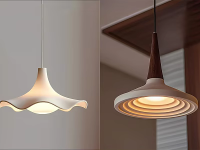 Modern Pendant Light With White Wavy Lampshade Wooden Top And Layered Circular Design 3d model