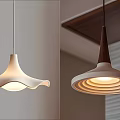 Modern Pendant Light With White Wavy Lampshade Wooden Top And Layered Circular Design