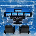Advanced Flight Simulator Control Console Featuring Multiple Screens And Operator Seats
