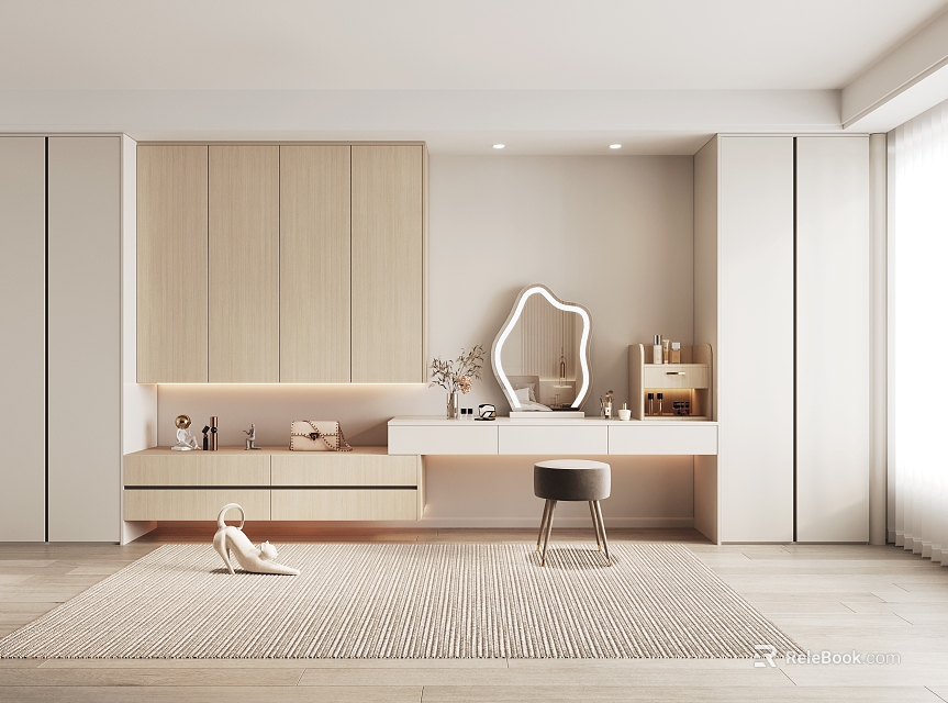 Modern Open Wardrobe Interior With Dressing Table Round Mirror Storage Stool And Rug 3d model 