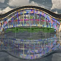 Colorful Arch Bridge With Vibrant Colored Frames And Water Surface Reflection Scenic View