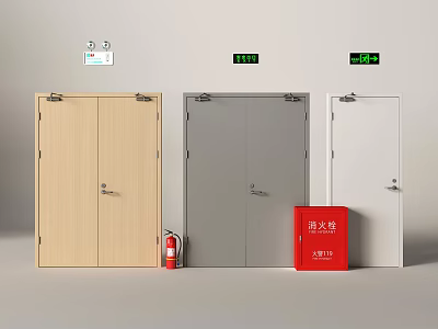 Wooden Gray And White Double Doors With Fire Extinguisher Hydrant Cabinet And Green Digital Displays 3d model
