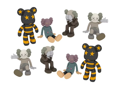 Colorful Plush Dolls With Star Patterns Striped Design And Various Sitting Standing Poses 3d model