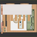 Pink Brick Wall Cartoon Living Room Scene With TV Fireplace Green Sofa And Plant