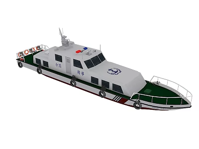 White Patrol Yacht With Green Deck Railing Blue Red Lights And Antenna 3d model