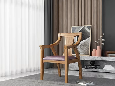 Elegant Wooden Armchair With Purple Cushion In Modern Interior With Decorative Art And Vase 3d model