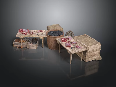 Woven Straw Furniture Set With Decorative Tables And Storage Baskets 3d model