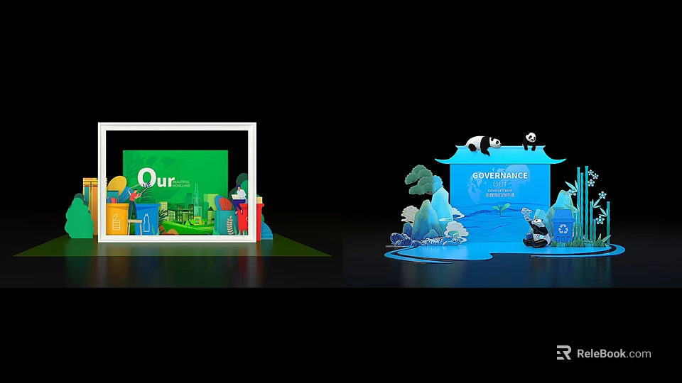 Our Green Finance Environment With Panda Trees And Eco Design Elements 3d model