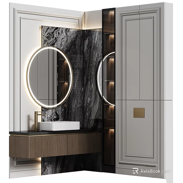 Modern Bathroom Washbasin Design With Round Lighting Mirror Marble Wall And Wooden Countertop 3d model 