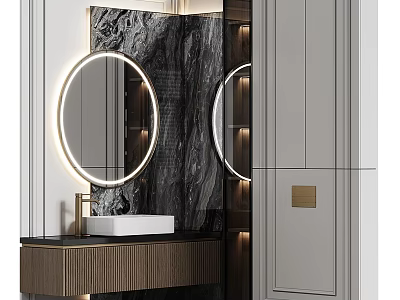Modern Bathroom Washbasin Design With Round Lighting Mirror Marble Wall And Wooden Countertop 3d model