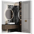 Modern Bathroom Washbasin Design With Round Lighting Mirror Marble Wall And Wooden Countertop