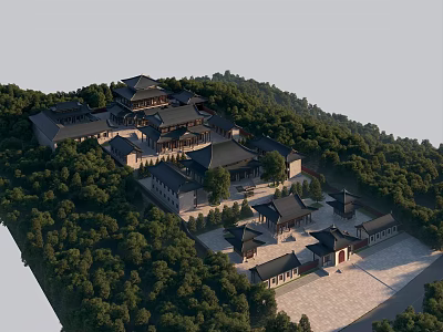 Ancient Architectural Complex With Traditional Courtyards And Lush Green Trees 3d model