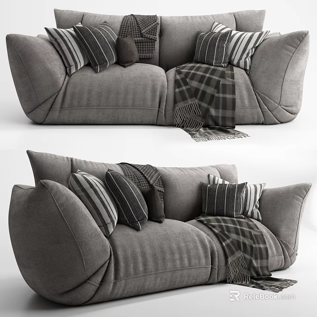 Gray Fabric Two Seater Sofa With Striped Pillows And Plaid Blanket 3d model