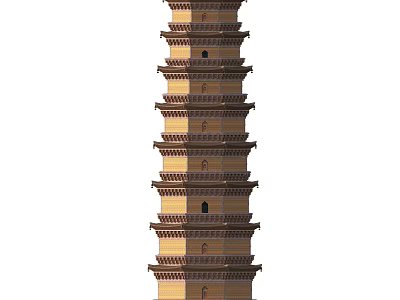 Brown Yellow Traditional Multi tiered Pagoda With Layered Floors And Windows 3d model