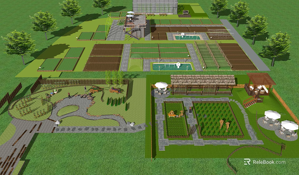Integrated Agricultural Garden Design Featuring Planted Plots Water Ponds Pavilions And Stone Paths 3d model 