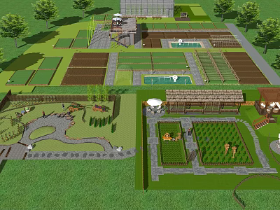 Integrated Agricultural Garden Design Featuring Planted Plots Water Ponds Pavilions And Stone Paths 3d model