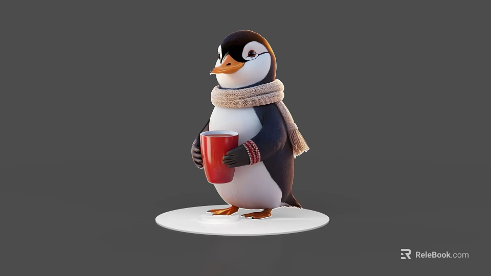 Cute Aquatic Animal Penguin Wearing Scarf Holding Red Cup on White Base 3d model 