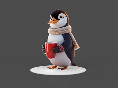 Cute Aquatic Animal Penguin Wearing Scarf Holding Red Cup on White Base 3d model