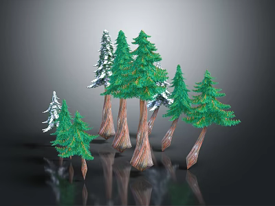 Cartoon Scene With Various Green Trees Brown Trunks White Snow And Dark Ground Reflections 3d model