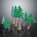 Cartoon Scene With Various Green Trees Brown Trunks White Snow And Dark Ground Reflections