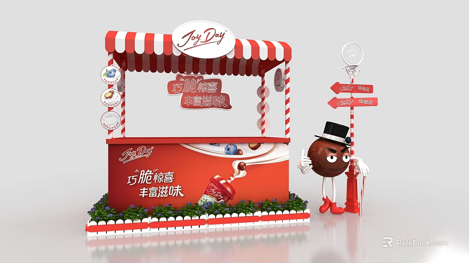 Joy Day Interactive Booth Red White Striped Awning Crispy Chocolate Stick Strawberry Flavor Cartoon Character 3d model 