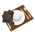 Elegant Dinnerware Set with White Plates Golden Cutlery and Dark Gray Napkin on Brown Placemat