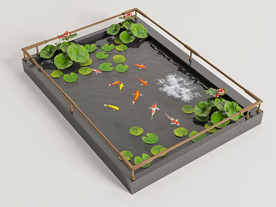 Decorative Water Fountain Pond With Lotus Leaves Koi Fish And Metal Frame 3d model