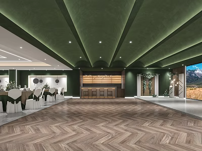 Elegant Banquet Hall Interior With Green Ceiling Lighting Herringbone Wooden Floor And Mountain View Windows 3d model