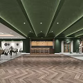 Elegant Banquet Hall Interior With Green Ceiling Lighting Herringbone Wooden Floor And Mountain View Windows