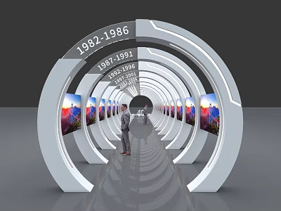 Curved Event Gateway With Year Timeline Digital Display Screens And Exhibition Images For Visitors 3d model