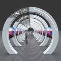 Curved Event Gateway With Year Timeline Digital Display Screens And Exhibition Images For Visitors