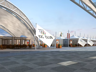 IOC CLUB Outdoor Plaza With White Tents Flags And Modern Arched Structures 3d model