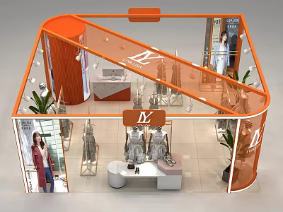 Stylish Clothing Store Interior With Mannequins Display Racks Brand Logo And Plants 3d model