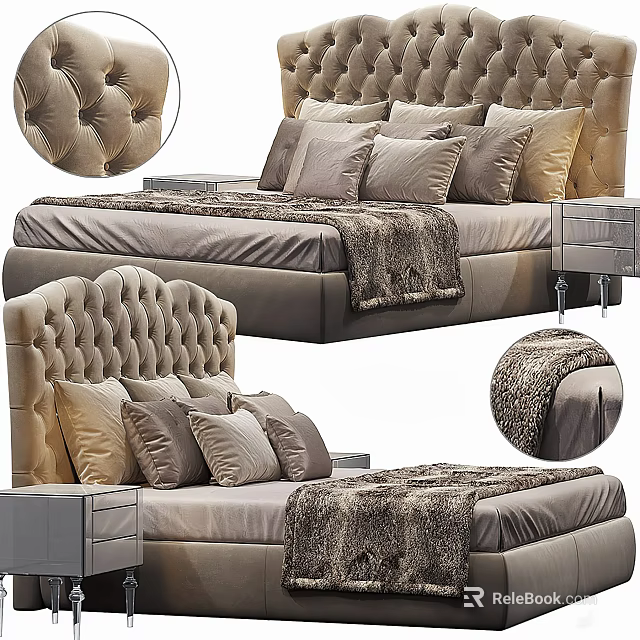 Luxurious Upholstered Double Bed With Tufted Headboard Plush Pillows Faux Fur Throw And Matching Nightstand 3d model 