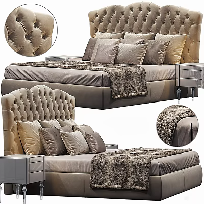 Luxurious Upholstered Double Bed With Tufted Headboard Plush Pillows Faux Fur Throw And Matching Nightstand 3d model
