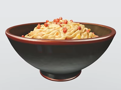 Delicious Noodles Served In Black Bowl With Red Toppings And Creamy Sauce 3d model