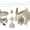 Large Camping Tent With Small Tent Umbrella Table Chairs Balloons And String Lights