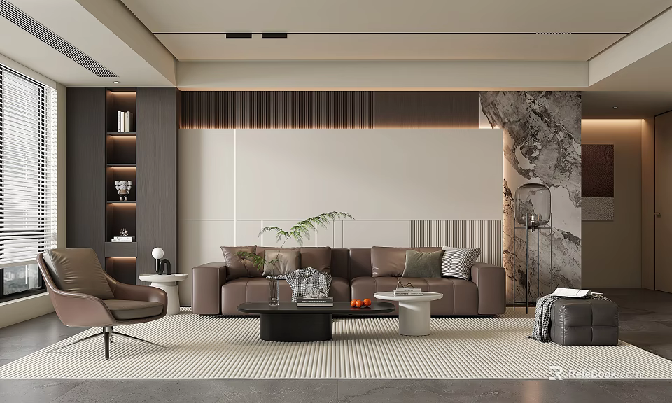 Modern Light Luxury Living Room With Comfortable Leather Sofa And Elegant Warm Interior Decoration 3d model 