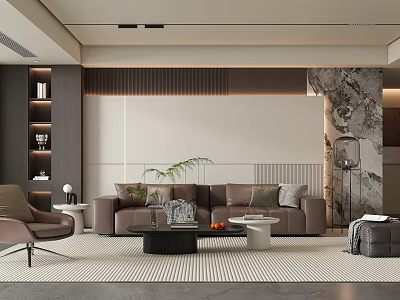 Modern Light Luxury Living Room With Comfortable Leather Sofa And Elegant Warm Interior Decoration 3d model