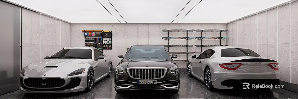 Modern Luxury Garage Interior With Three Premium Cars And Wall Storage Shelves 3d model 