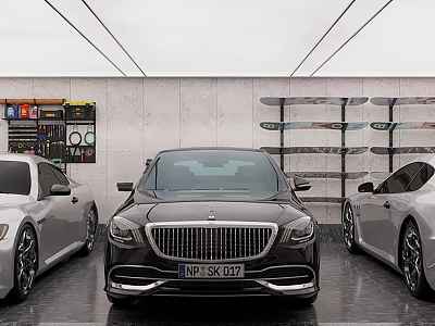 Modern Luxury Garage Interior With Three Premium Cars And Wall Storage Shelves 3d model