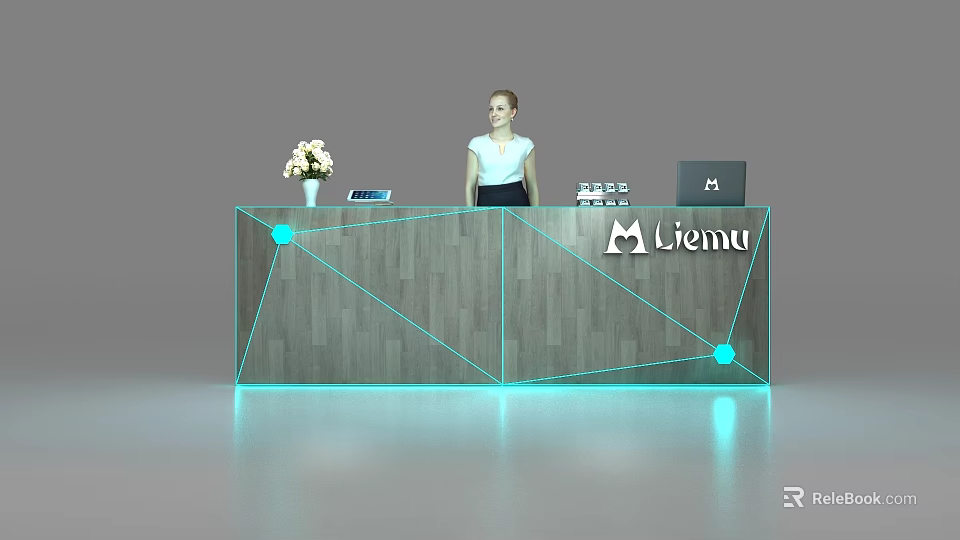 Wooden Reception Desk With Geometric Lines Flower Vase Tablet Drinks Laptop Menu Logo And Receptionist 3d model 