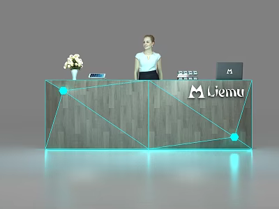 Wooden Reception Desk With Geometric Lines Flower Vase Tablet Drinks Laptop Menu Logo And Receptionist 3d model