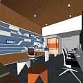 Modern Public Office Space With Desks Chairs Computers And Bookshelves