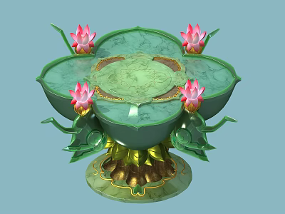 Cartoon Style Lotus Shaped Decorative Structure With Pink Flowers And Green Leaves 3d model