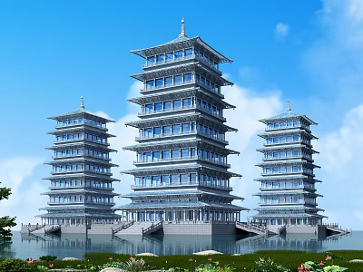 Traditional Chinese Pagodas With Three Tower Structures By Waterfront And Lush Greenery Under Blue Sky 3d model