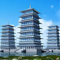 Traditional Chinese Pagodas With Three Tower Structures By Waterfront And Lush Greenery Under Blue Sky